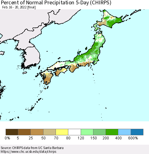 Japan Percent of Normal Precipitation 5-Day (CHIRPS) Thematic Map For 2/16/2022 - 2/20/2022
