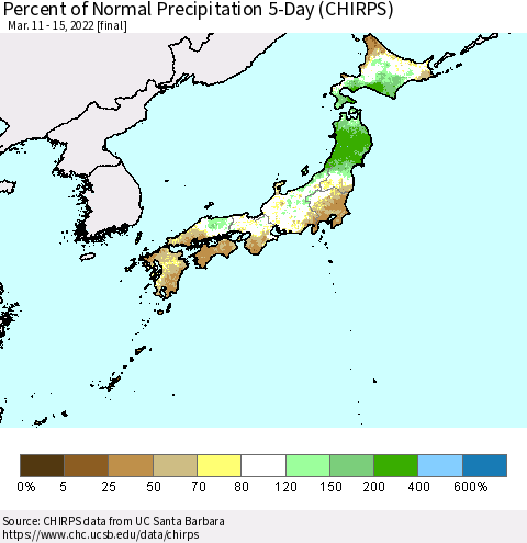 Japan Percent of Normal Precipitation 5-Day (CHIRPS) Thematic Map For 3/11/2022 - 3/15/2022