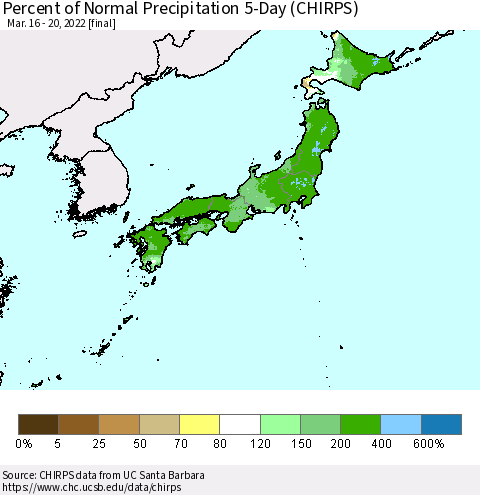 Japan Percent of Normal Precipitation 5-Day (CHIRPS) Thematic Map For 3/16/2022 - 3/20/2022