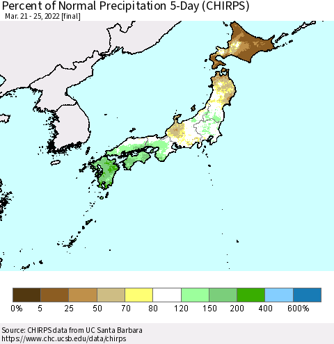 Japan Percent of Normal Precipitation 5-Day (CHIRPS) Thematic Map For 3/21/2022 - 3/25/2022