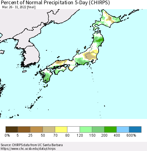 Japan Percent of Normal Precipitation 5-Day (CHIRPS) Thematic Map For 3/26/2022 - 3/31/2022