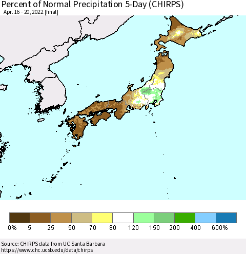 Japan Percent of Normal Precipitation 5-Day (CHIRPS) Thematic Map For 4/16/2022 - 4/20/2022