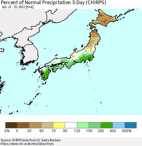 Japan Percent of Normal Precipitation 5-Day (CHIRPS) Thematic Map For 4/21/2022 - 4/25/2022