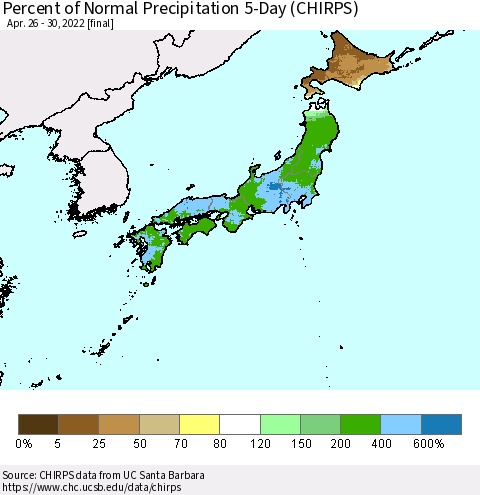 Japan Percent of Normal Precipitation 5-Day (CHIRPS) Thematic Map For 4/26/2022 - 4/30/2022