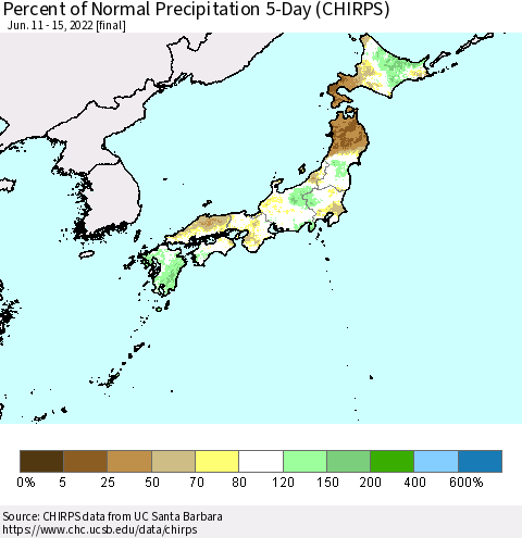 Japan Percent of Normal Precipitation 5-Day (CHIRPS) Thematic Map For 6/11/2022 - 6/15/2022