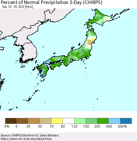 Japan Percent of Normal Precipitation 5-Day (CHIRPS) Thematic Map For 9/16/2022 - 9/20/2022