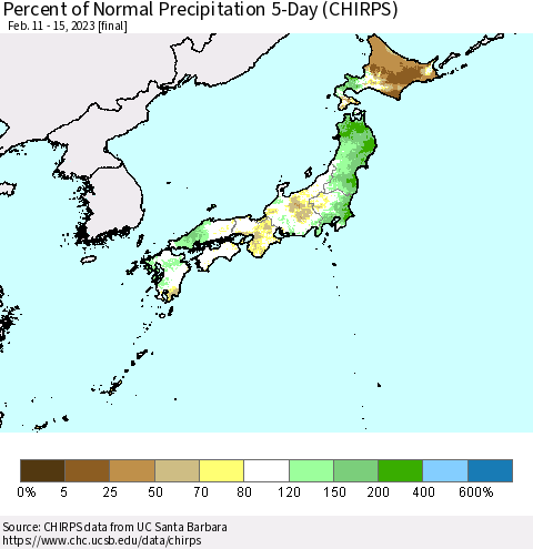 Japan Percent of Normal Precipitation 5-Day (CHIRPS) Thematic Map For 2/11/2023 - 2/15/2023