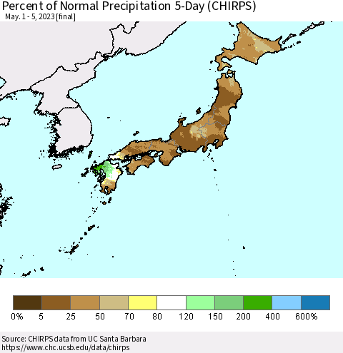 Japan Percent of Normal Precipitation 5-Day (CHIRPS) Thematic Map For 5/1/2023 - 5/5/2023