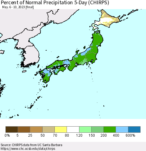Japan Percent of Normal Precipitation 5-Day (CHIRPS) Thematic Map For 5/6/2023 - 5/10/2023