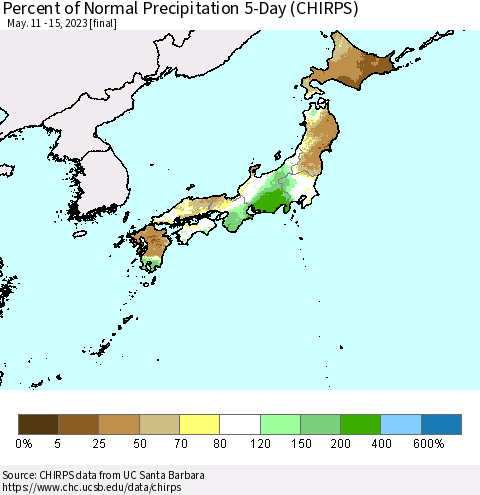 Japan Percent of Normal Precipitation 5-Day (CHIRPS) Thematic Map For 5/11/2023 - 5/15/2023