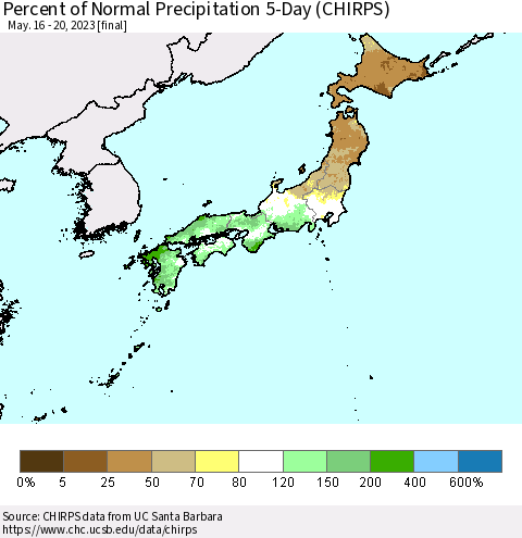 Japan Percent of Normal Precipitation 5-Day (CHIRPS) Thematic Map For 5/16/2023 - 5/20/2023