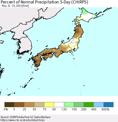 Japan Percent of Normal Precipitation 5-Day (CHIRPS) Thematic Map For 5/21/2023 - 5/25/2023