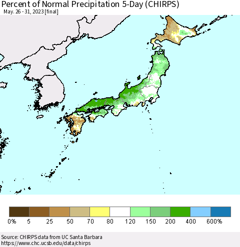 Japan Percent of Normal Precipitation 5-Day (CHIRPS) Thematic Map For 5/26/2023 - 5/31/2023