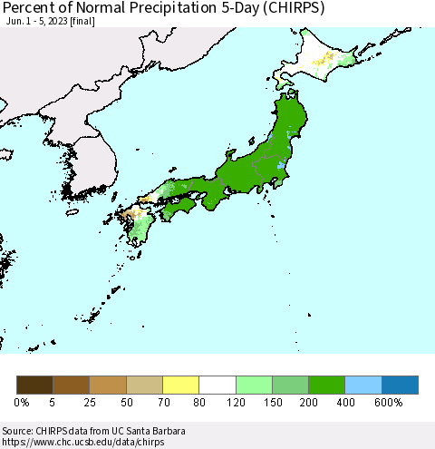 Japan Percent of Normal Precipitation 5-Day (CHIRPS) Thematic Map For 6/1/2023 - 6/5/2023