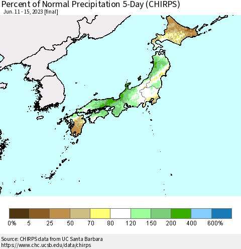 Japan Percent of Normal Precipitation 5-Day (CHIRPS) Thematic Map For 6/11/2023 - 6/15/2023