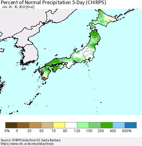 Japan Percent of Normal Precipitation 5-Day (CHIRPS) Thematic Map For 6/26/2023 - 6/30/2023