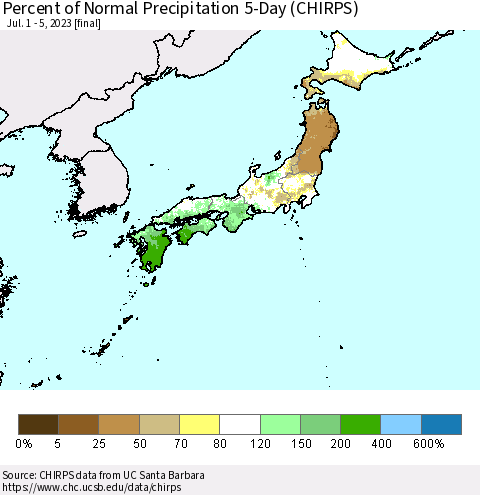 Japan Percent of Normal Precipitation 5-Day (CHIRPS) Thematic Map For 7/1/2023 - 7/5/2023