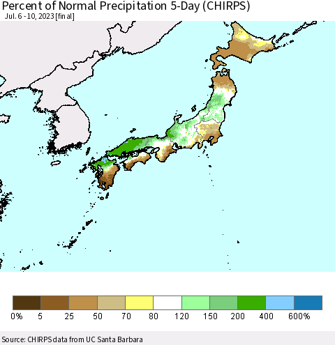 Japan Percent of Normal Precipitation 5-Day (CHIRPS) Thematic Map For 7/6/2023 - 7/10/2023