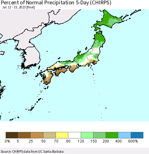 Japan Percent of Normal Precipitation 5-Day (CHIRPS) Thematic Map For 7/11/2023 - 7/15/2023
