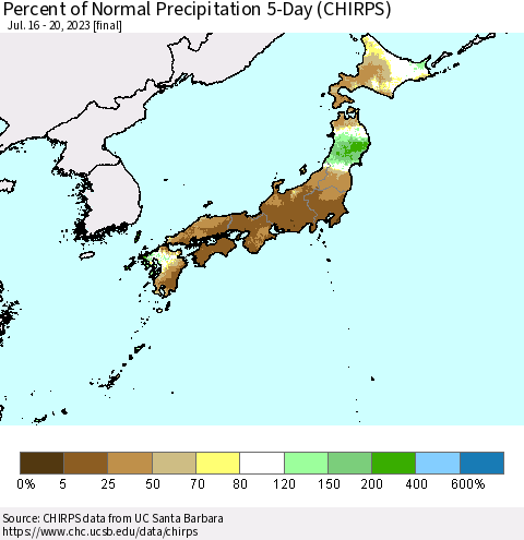Japan Percent of Normal Precipitation 5-Day (CHIRPS) Thematic Map For 7/16/2023 - 7/20/2023