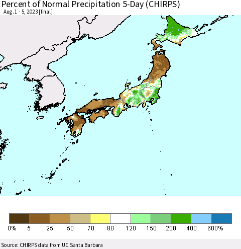 Japan Percent of Normal Precipitation 5-Day (CHIRPS) Thematic Map For 8/1/2023 - 8/5/2023