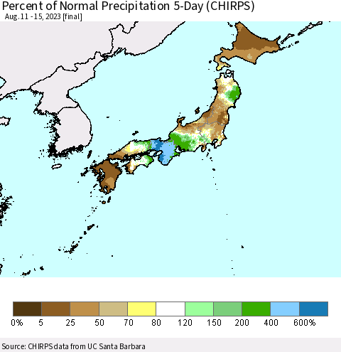Japan Percent of Normal Precipitation 5-Day (CHIRPS) Thematic Map For 8/11/2023 - 8/15/2023