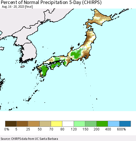 Japan Percent of Normal Precipitation 5-Day (CHIRPS) Thematic Map For 8/16/2023 - 8/20/2023