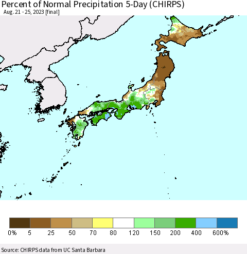 Japan Percent of Normal Precipitation 5-Day (CHIRPS) Thematic Map For 8/21/2023 - 8/25/2023