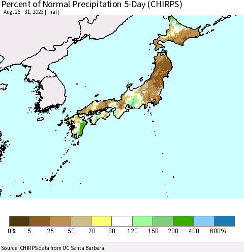 Japan Percent of Normal Precipitation 5-Day (CHIRPS) Thematic Map For 8/26/2023 - 8/31/2023