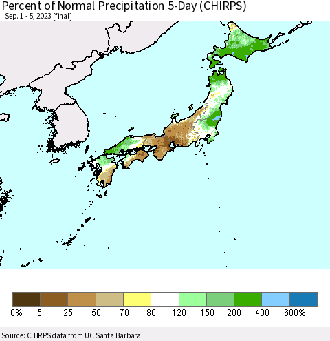 Japan Percent of Normal Precipitation 5-Day (CHIRPS) Thematic Map For 9/1/2023 - 9/5/2023