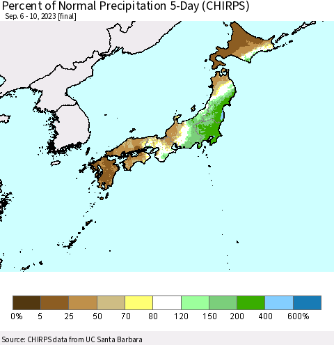 Japan Percent of Normal Precipitation 5-Day (CHIRPS) Thematic Map For 9/6/2023 - 9/10/2023