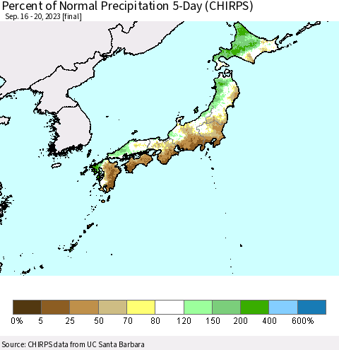 Japan Percent of Normal Precipitation 5-Day (CHIRPS) Thematic Map For 9/16/2023 - 9/20/2023