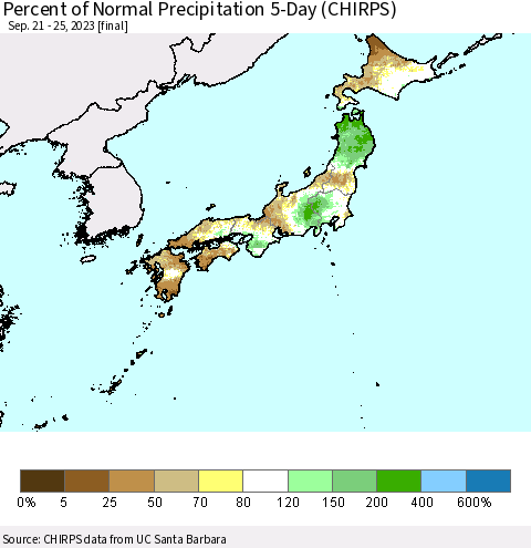 Japan Percent of Normal Precipitation 5-Day (CHIRPS) Thematic Map For 9/21/2023 - 9/25/2023