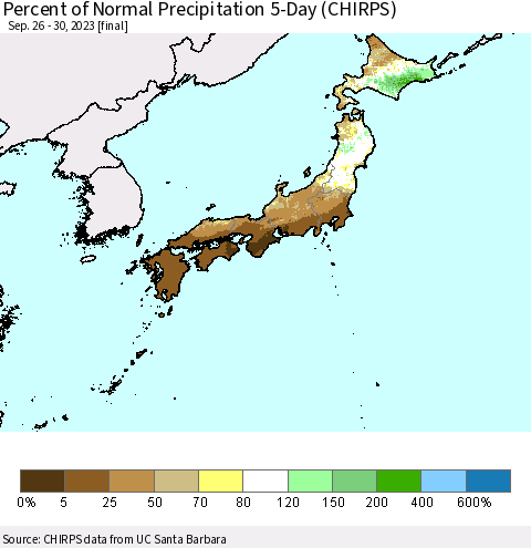 Japan Percent of Normal Precipitation 5-Day (CHIRPS) Thematic Map For 9/26/2023 - 9/30/2023