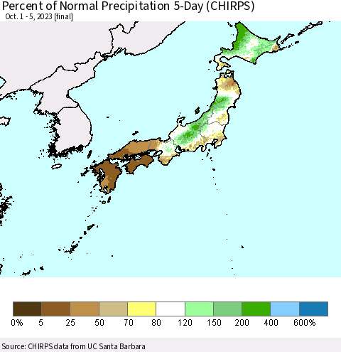 Japan Percent of Normal Precipitation 5-Day (CHIRPS) Thematic Map For 10/1/2023 - 10/5/2023