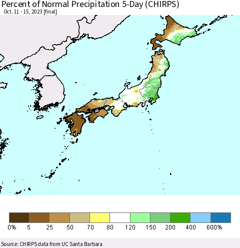 Japan Percent of Normal Precipitation 5-Day (CHIRPS) Thematic Map For 10/11/2023 - 10/15/2023