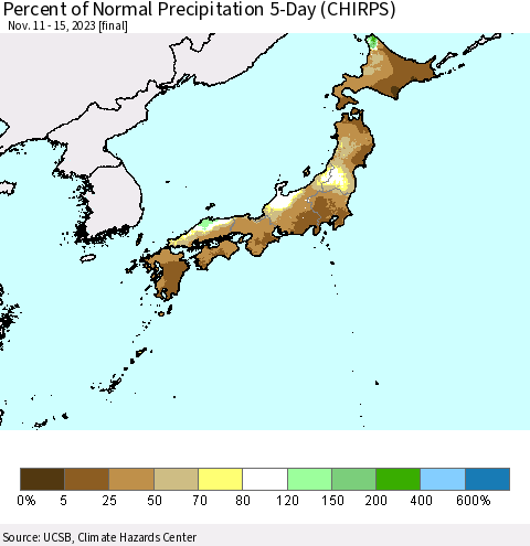 Japan Percent of Normal Precipitation 5-Day (CHIRPS) Thematic Map For 11/11/2023 - 11/15/2023
