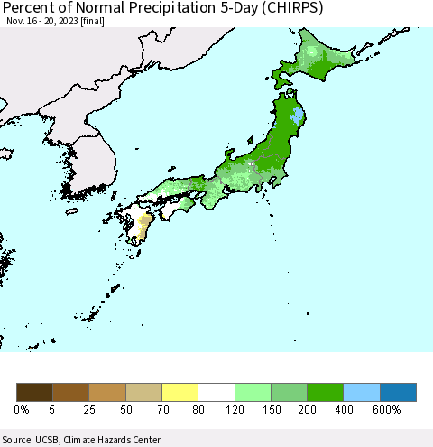 Japan Percent of Normal Precipitation 5-Day (CHIRPS) Thematic Map For 11/16/2023 - 11/20/2023