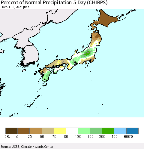 Japan Percent of Normal Precipitation 5-Day (CHIRPS) Thematic Map For 12/1/2023 - 12/5/2023
