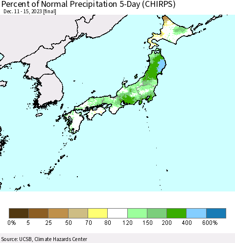 Japan Percent of Normal Precipitation 5-Day (CHIRPS) Thematic Map For 12/11/2023 - 12/15/2023