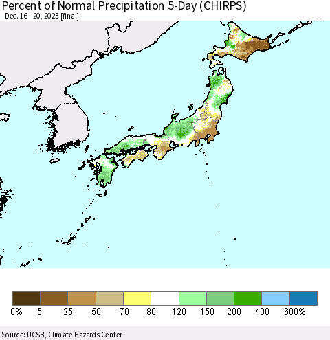 Japan Percent of Normal Precipitation 5-Day (CHIRPS) Thematic Map For 12/16/2023 - 12/20/2023