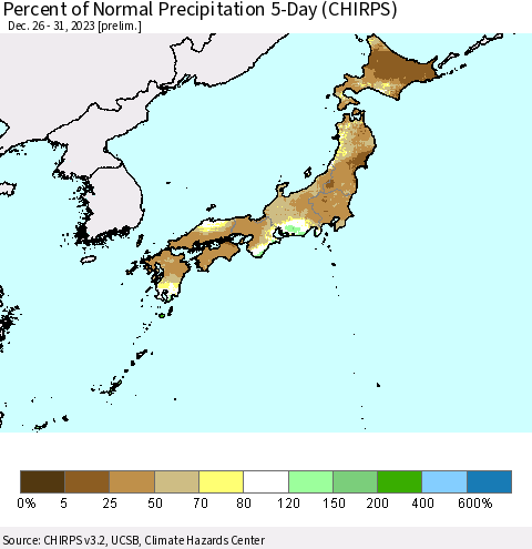 Japan Percent of Normal Precipitation 5-Day (CHIRPS) Thematic Map For 12/26/2023 - 12/31/2023