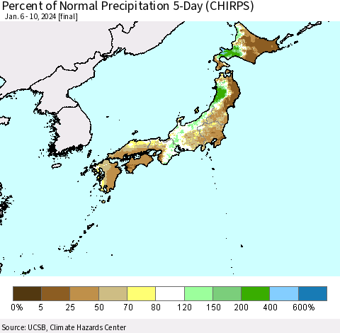Japan Percent of Normal Precipitation 5-Day (CHIRPS) Thematic Map For 1/6/2024 - 1/10/2024