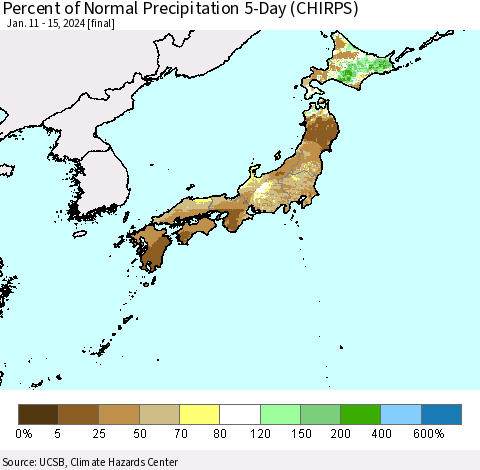 Japan Percent of Normal Precipitation 5-Day (CHIRPS) Thematic Map For 1/11/2024 - 1/15/2024