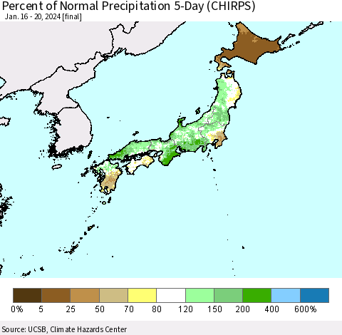 Japan Percent of Normal Precipitation 5-Day (CHIRPS) Thematic Map For 1/16/2024 - 1/20/2024