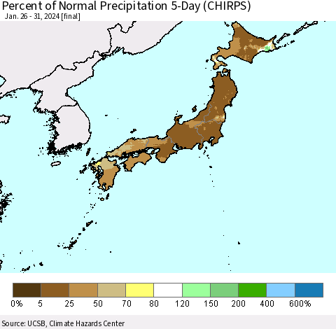 Japan Percent of Normal Precipitation 5-Day (CHIRPS) Thematic Map For 1/26/2024 - 1/31/2024