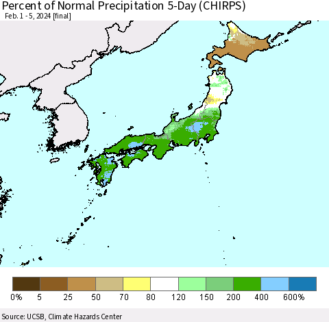 Japan Percent of Normal Precipitation 5-Day (CHIRPS) Thematic Map For 2/1/2024 - 2/5/2024