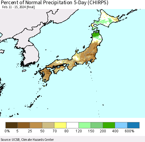 Japan Percent of Normal Precipitation 5-Day (CHIRPS) Thematic Map For 2/11/2024 - 2/15/2024