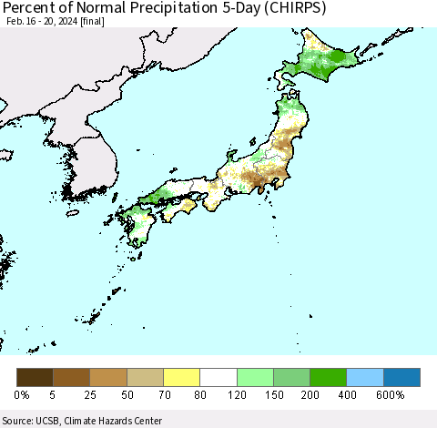 Japan Percent of Normal Precipitation 5-Day (CHIRPS) Thematic Map For 2/16/2024 - 2/20/2024