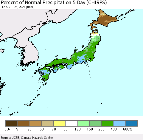 Japan Percent of Normal Precipitation 5-Day (CHIRPS) Thematic Map For 2/21/2024 - 2/25/2024
